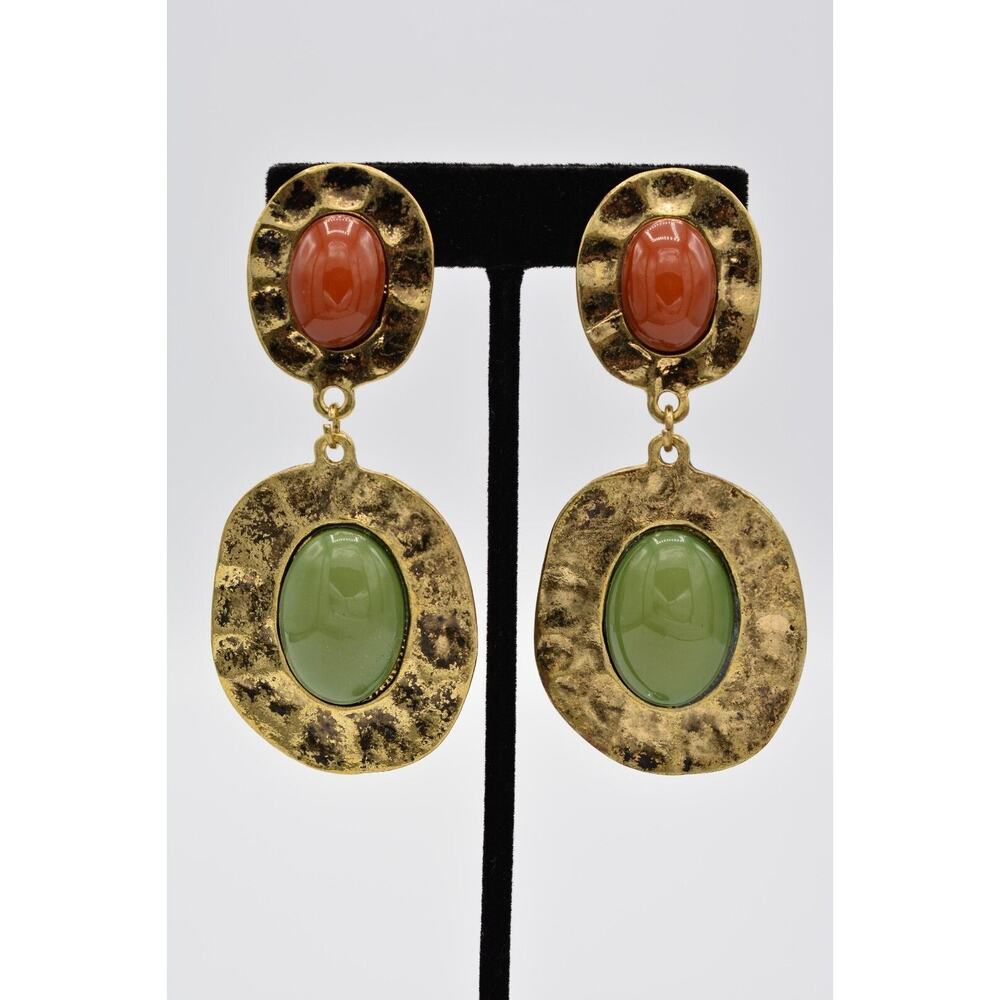 Vintage Cabochon Clip Earrings Antiqued Gold Red Clay Green Big NOS 1980s BinA6